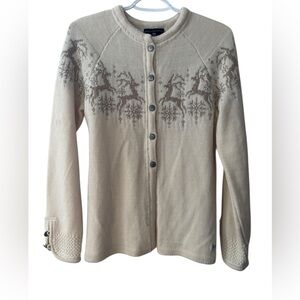 Dale Of Norway Wool Fair Isle Nordic Reindeer Cardigan Sweater Velvet Trim Tie M